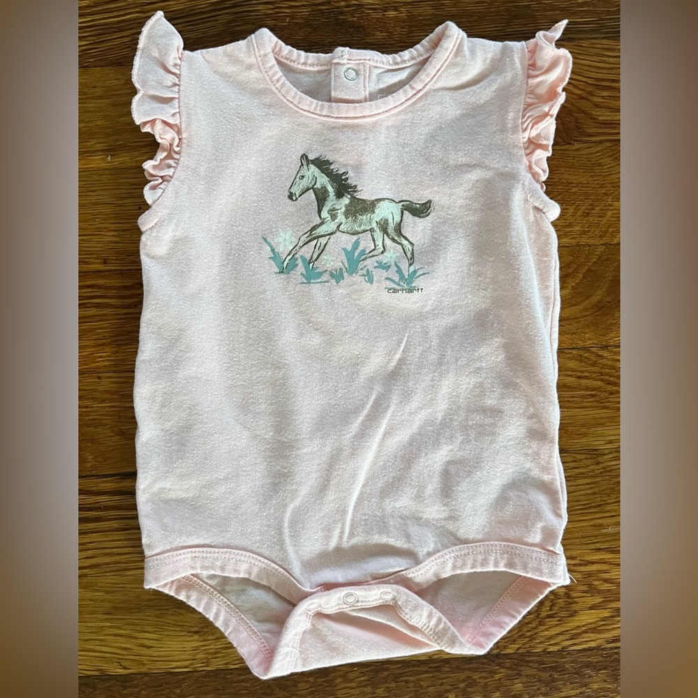 Carhartt Pretty Pony Ruffled Shoulder Sleeveless Pink Onesie Baby Girl Size 6M
